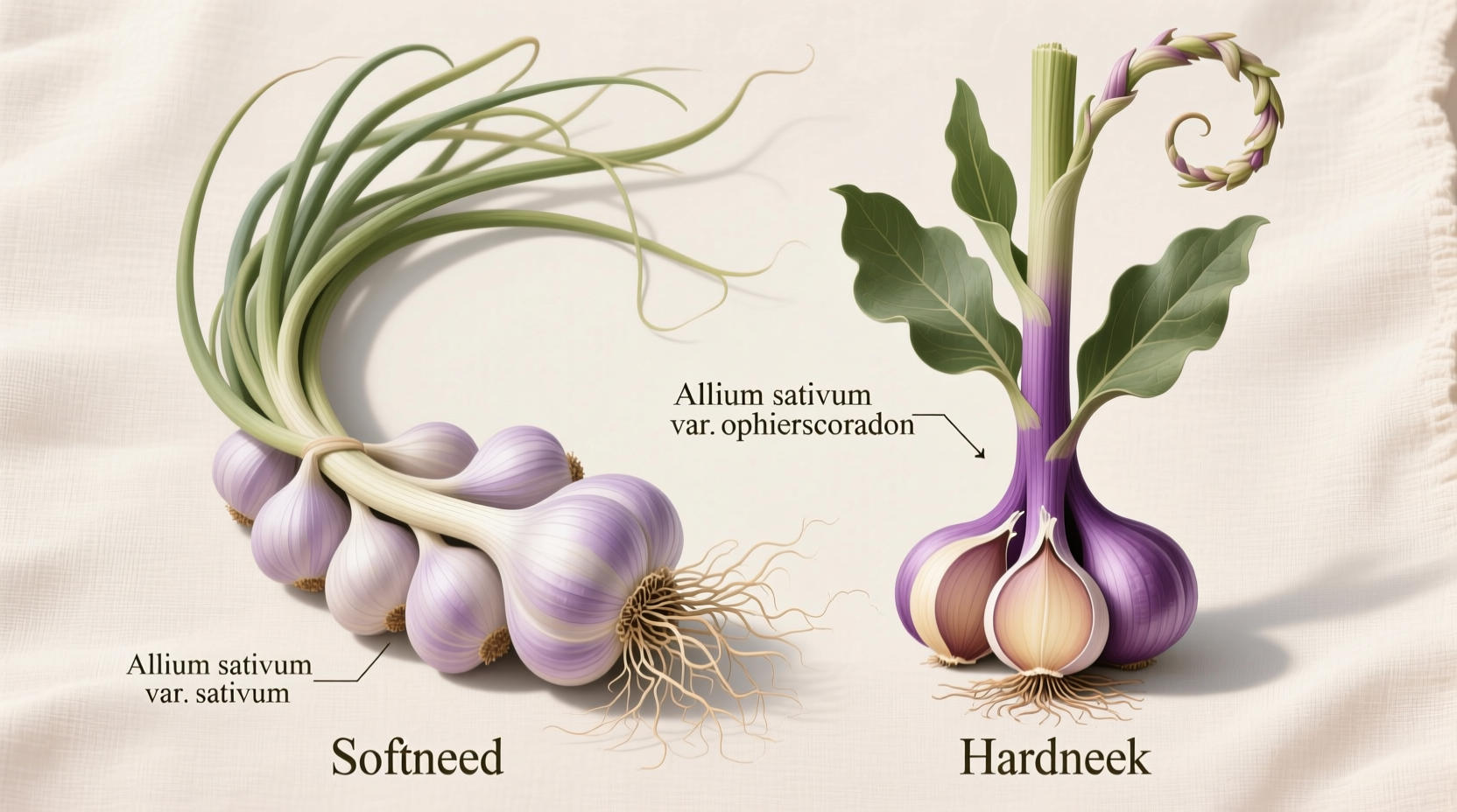 Garlic varieties showing softneck and hardneck types