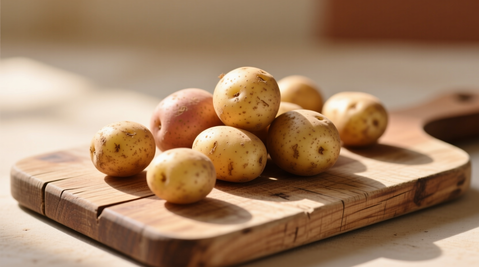 Fresh small potatoes with skin on wooden cutting board