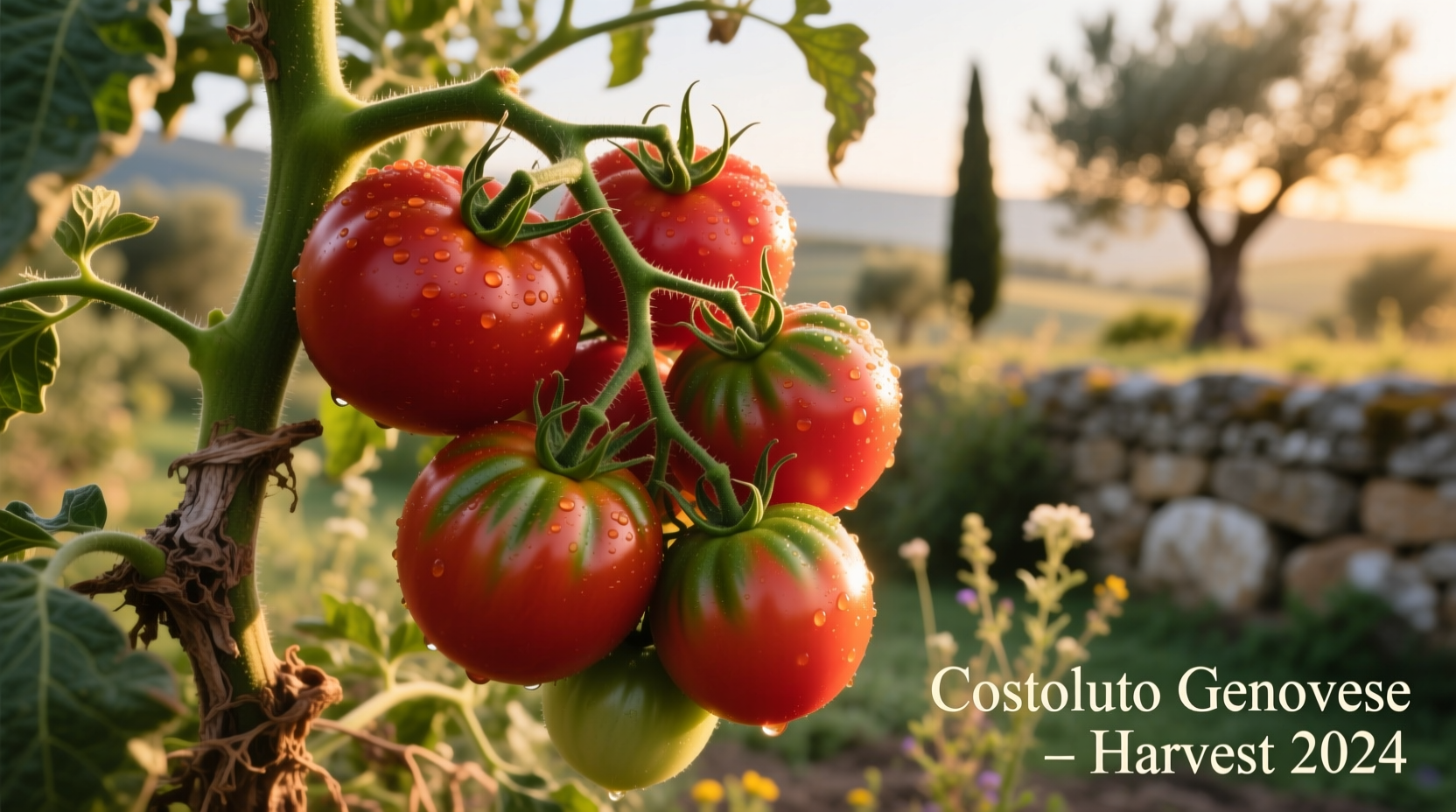 Ripe Costoluto Genovese tomatoes on vine