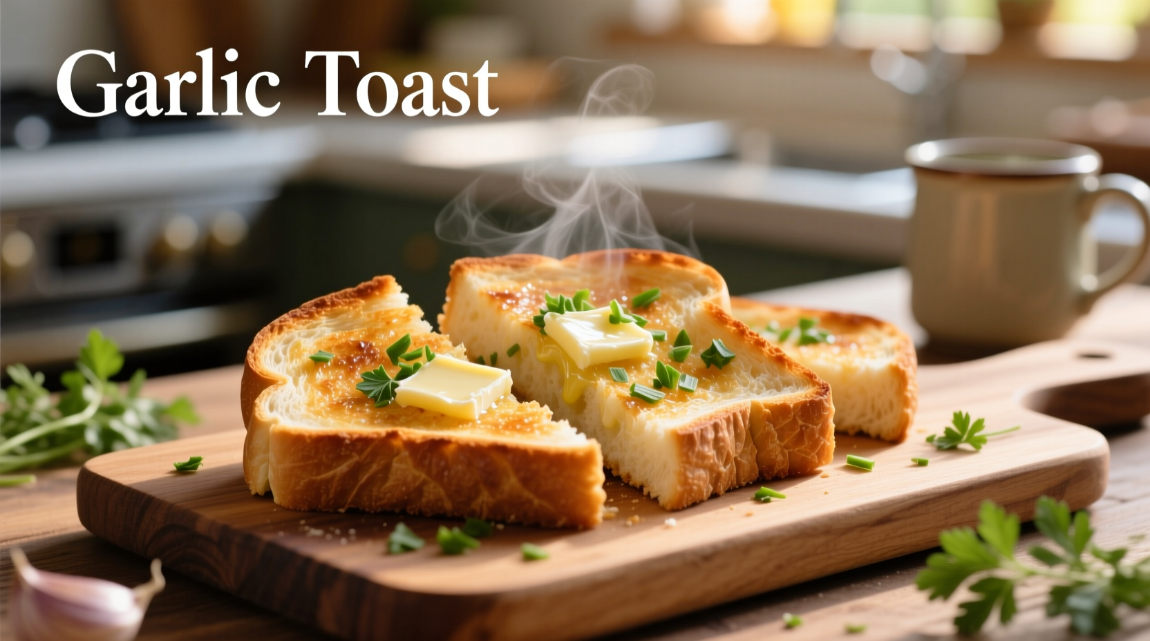 Freshly made garlic toast on wooden board