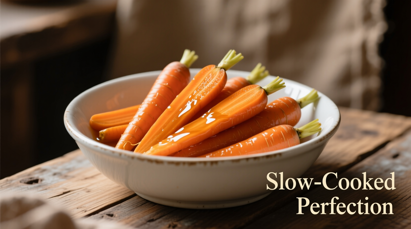 Perfectly cooked crock pot carrots in white ceramic bowl