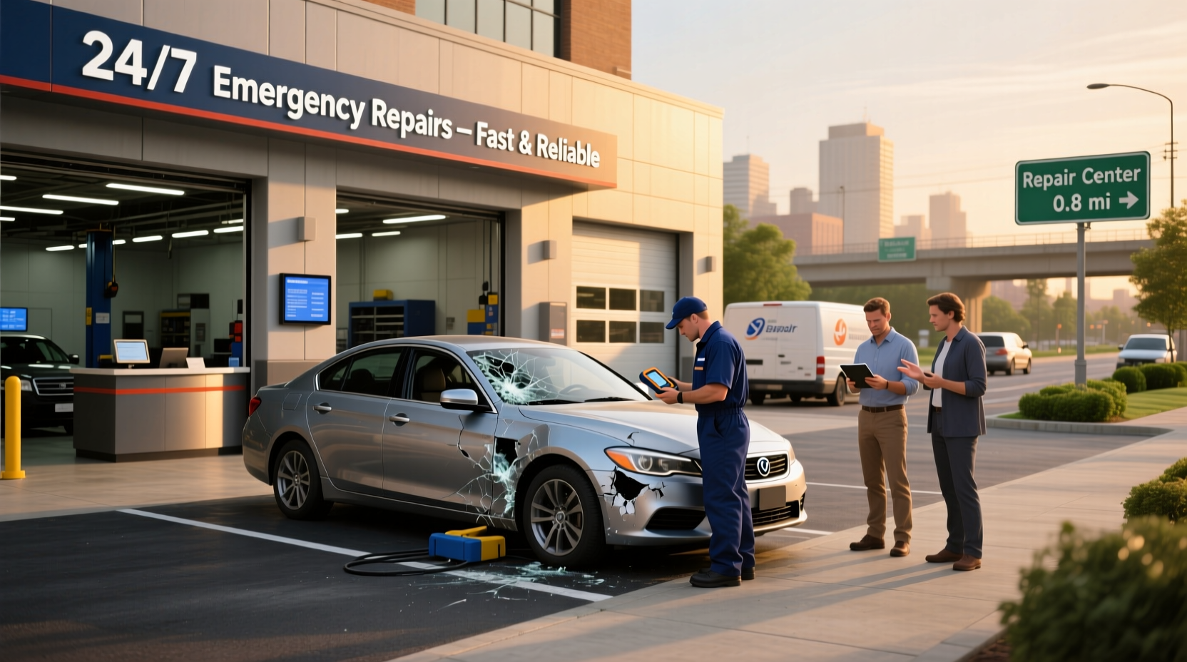 Damaged motorcycle at repair shop with technician inspecting frame