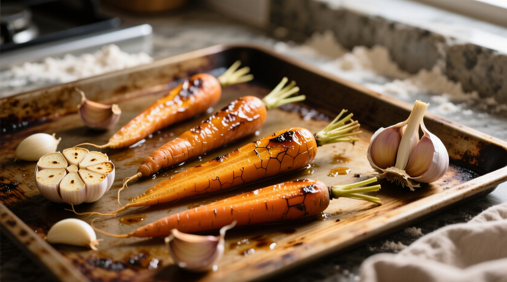 Golden roasted carrots with garlic cloves on baking sheet
