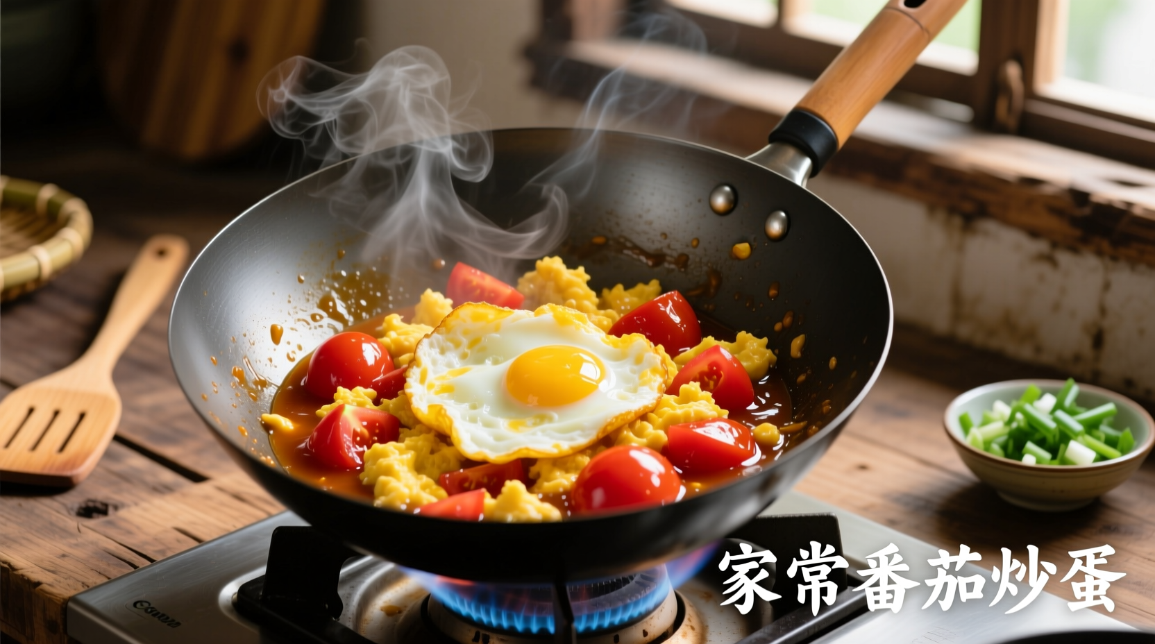 Chinese egg tomato stir fry in wok with fluffy eggs and tomatoes