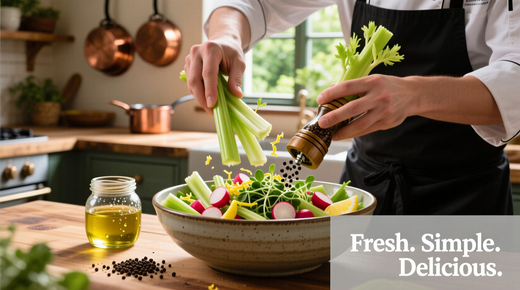 Chef preparing celery salad with fresh ingredients