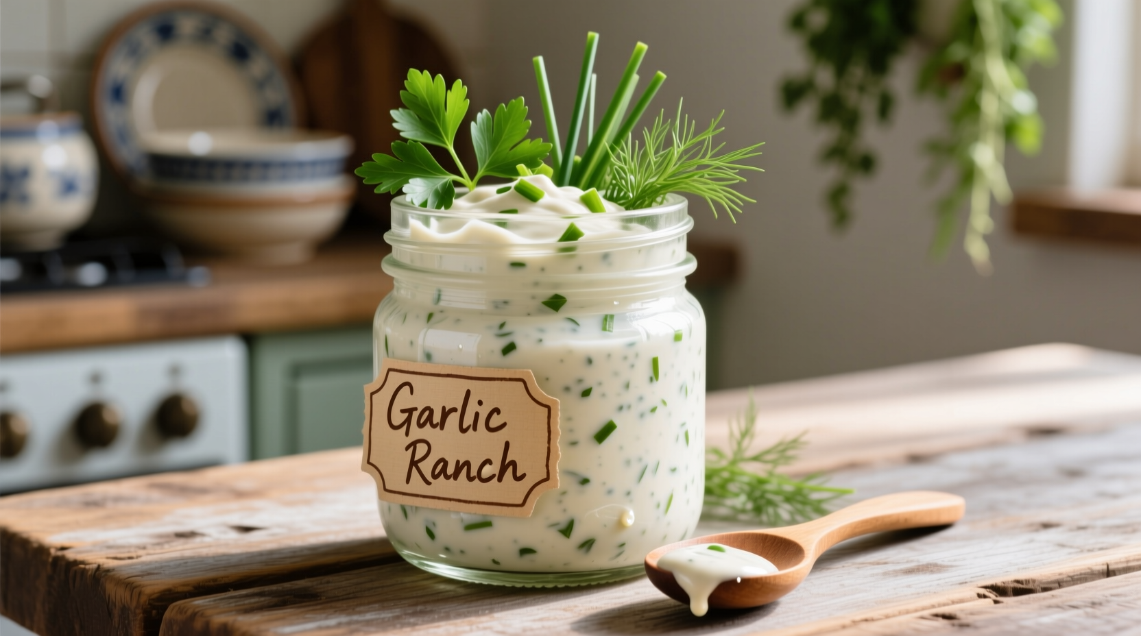 Creamy garlic ranch dressing with fresh herbs in mason jar