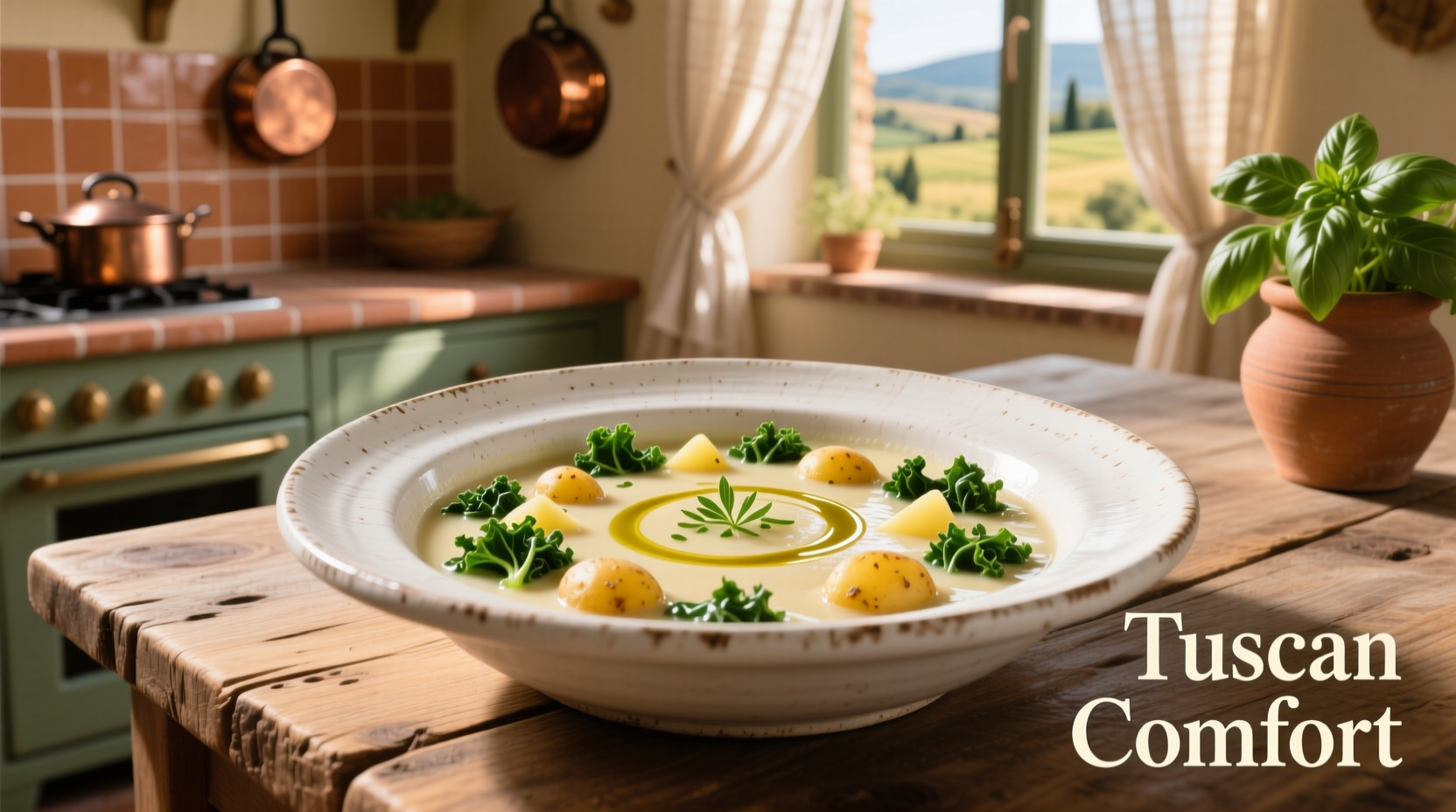 Creamy Tuscan potato soup with kale in white bowl