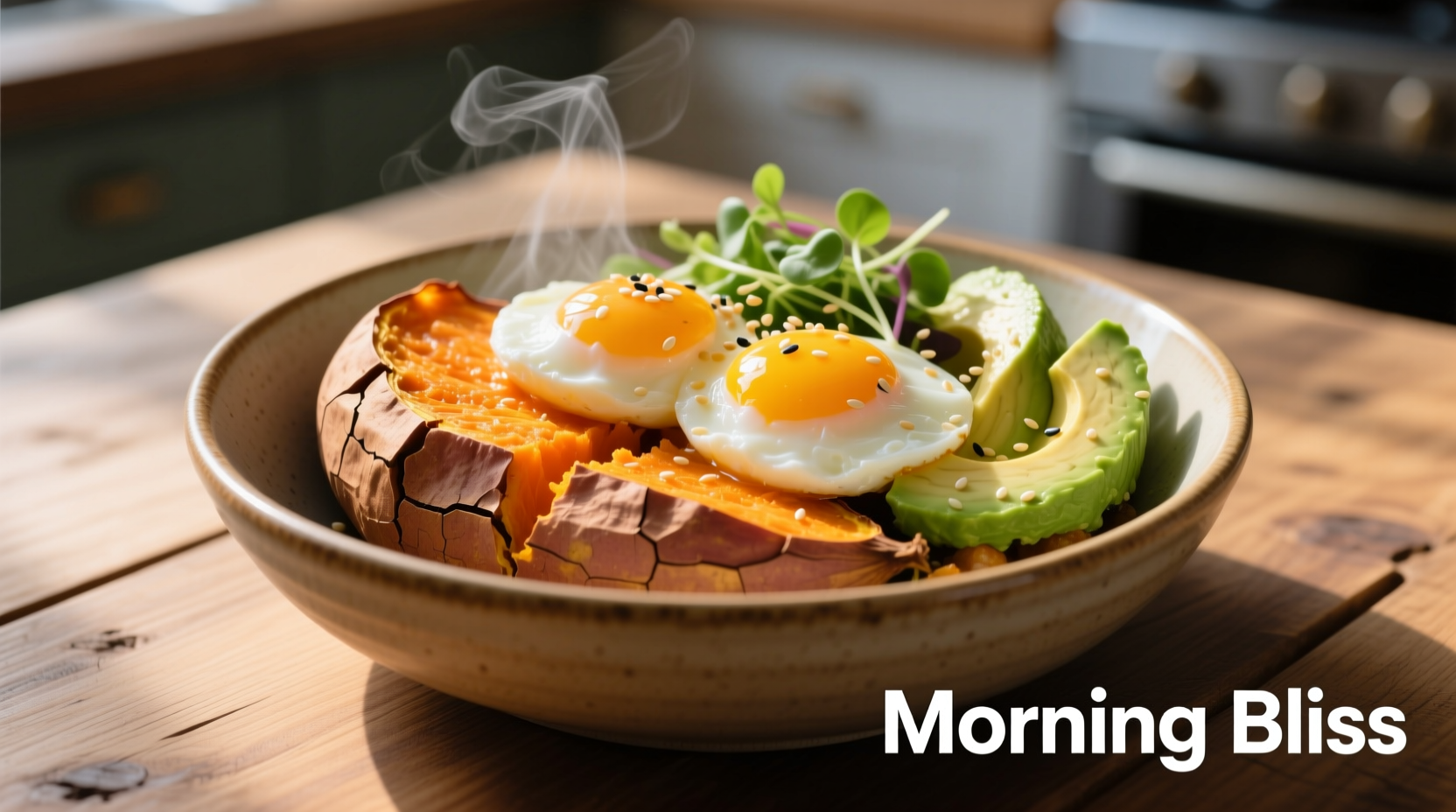 Golden roasted sweet potato breakfast bowl with avocado and soft-boiled eggs