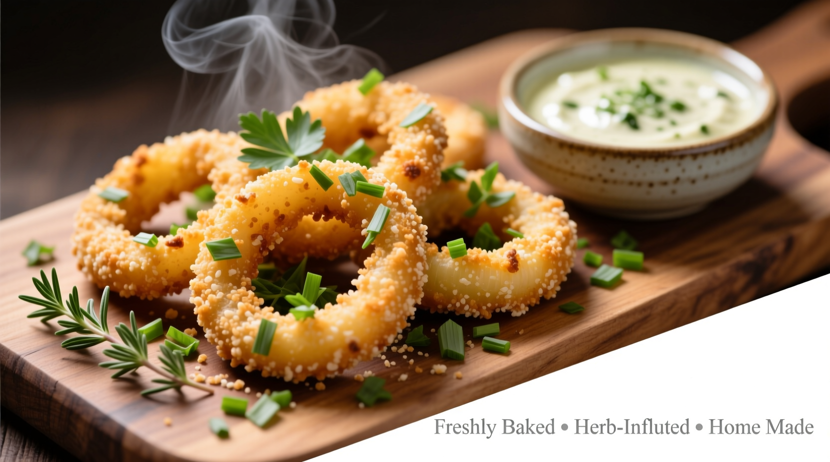 Homemade baked onion rings with fresh herbs