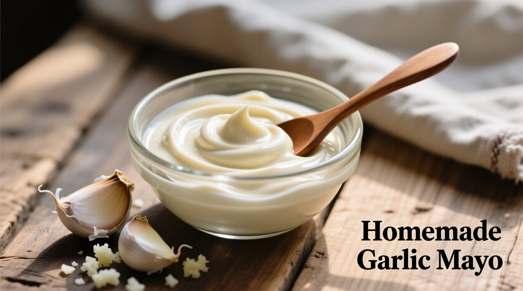 Creamy homemade garlic mayo in glass bowl with fresh garlic