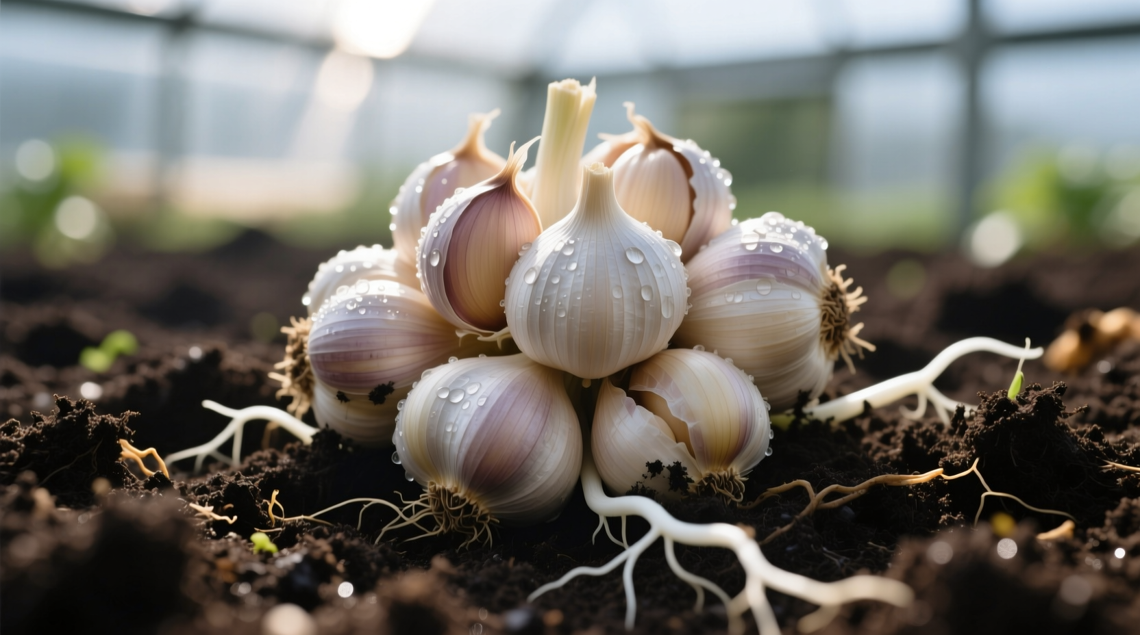 Garlic bulbs growing in nutrient-rich compost soil
