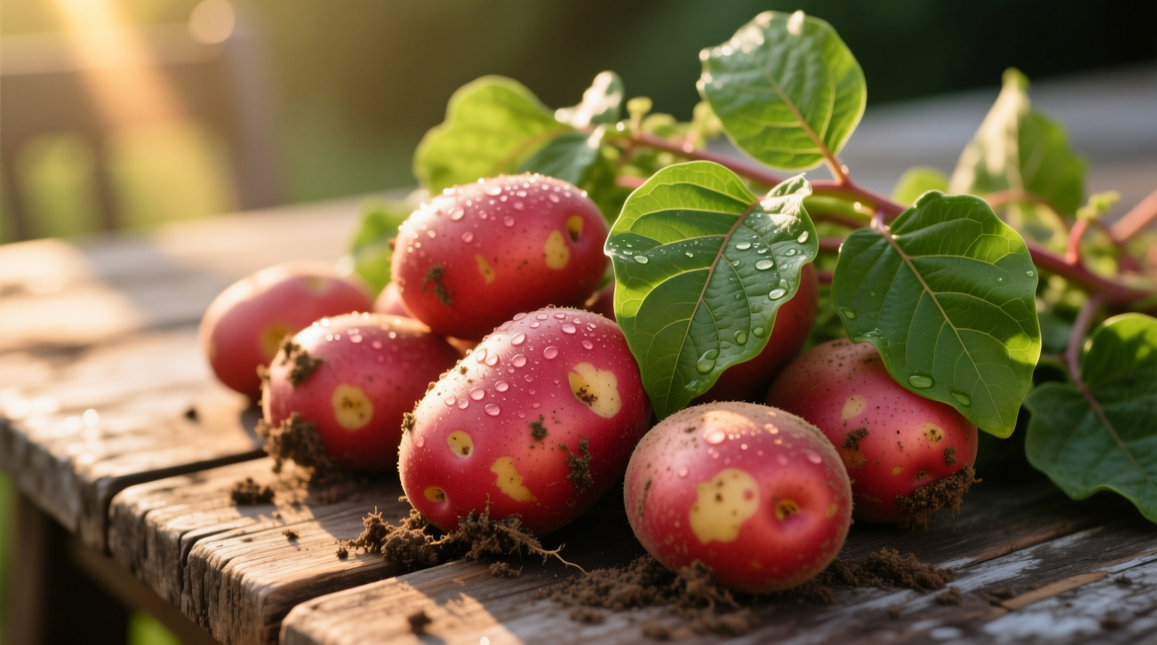 Fresh red potatoes with green leaves on wooden table