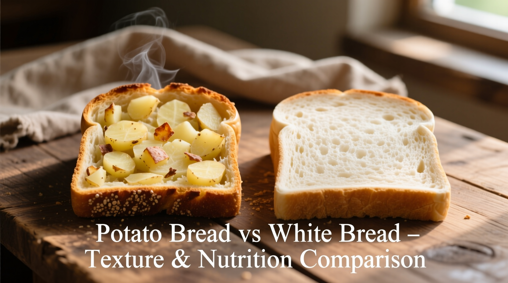 Side-by-side comparison of potato bread and white bread slices