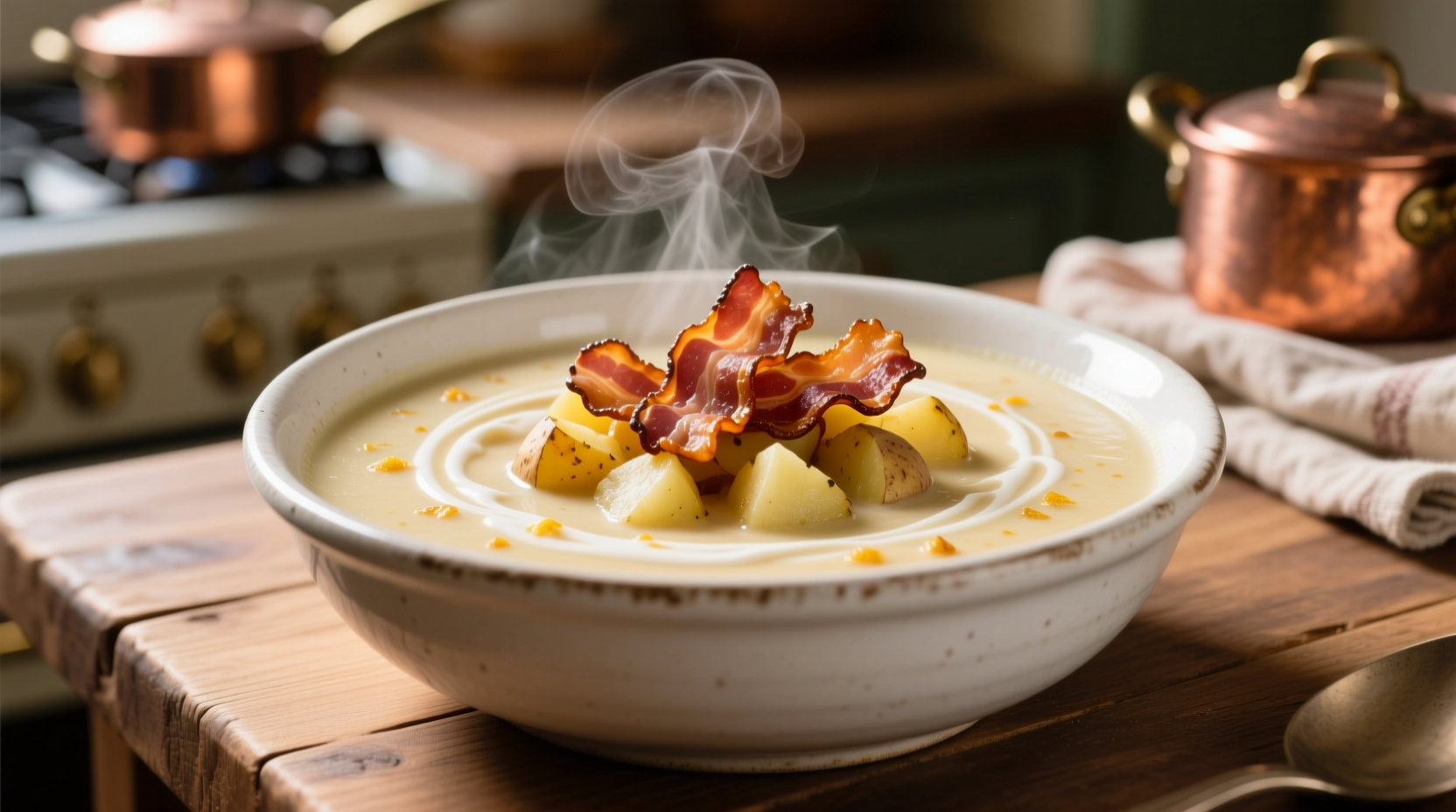 Creamy baked potato soup in white bowl with bacon garnish