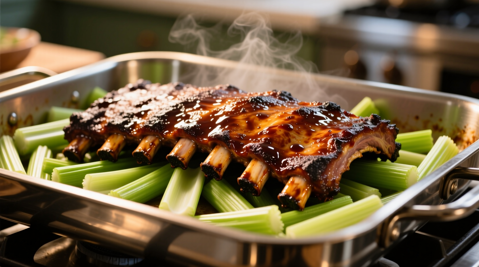Ribs cooking on celery stalk bed in roasting pan