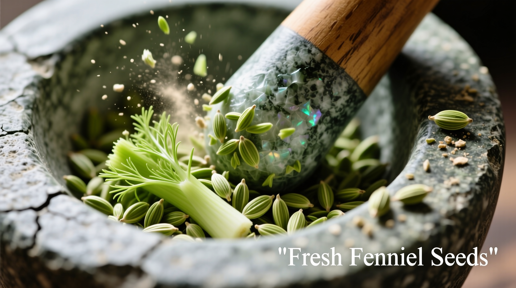 Fresh fennel seeds in mortar with pestle