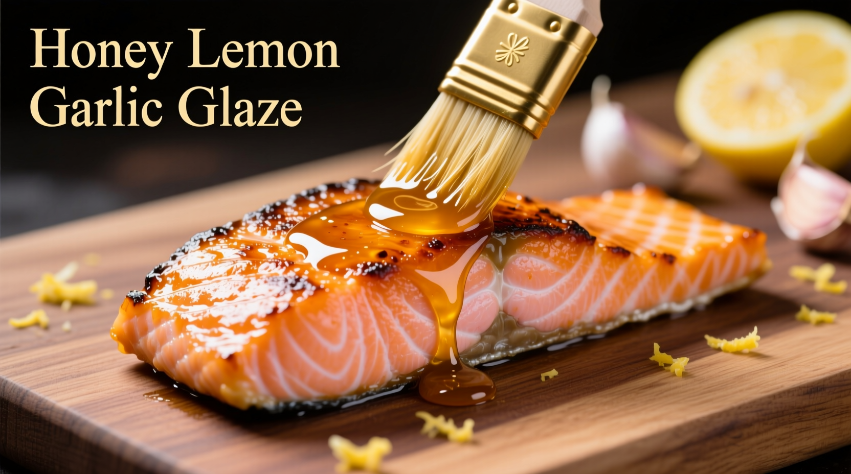 Honey lemon garlic salmon glaze being brushed on fresh salmon fillet