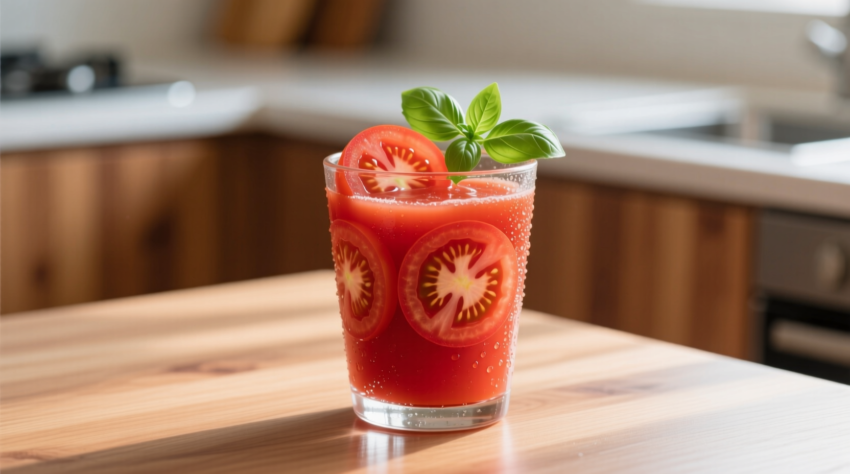 Fresh tomato juice in glass with tomato slices