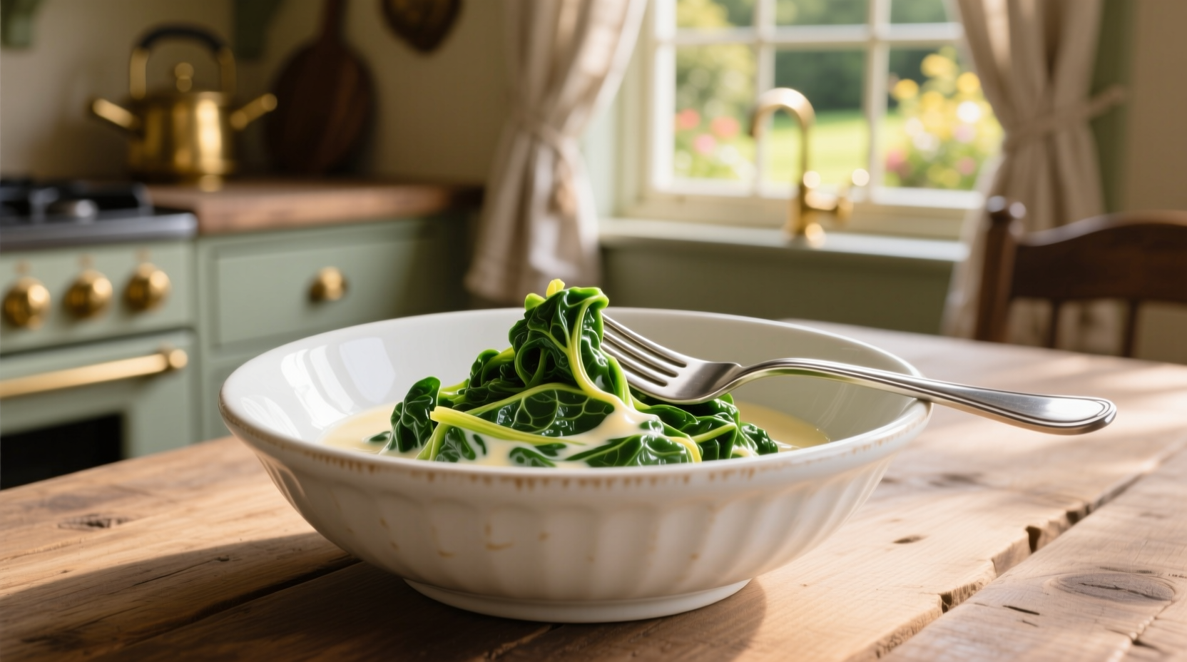 Creamed spinach in white ceramic bowl with fork