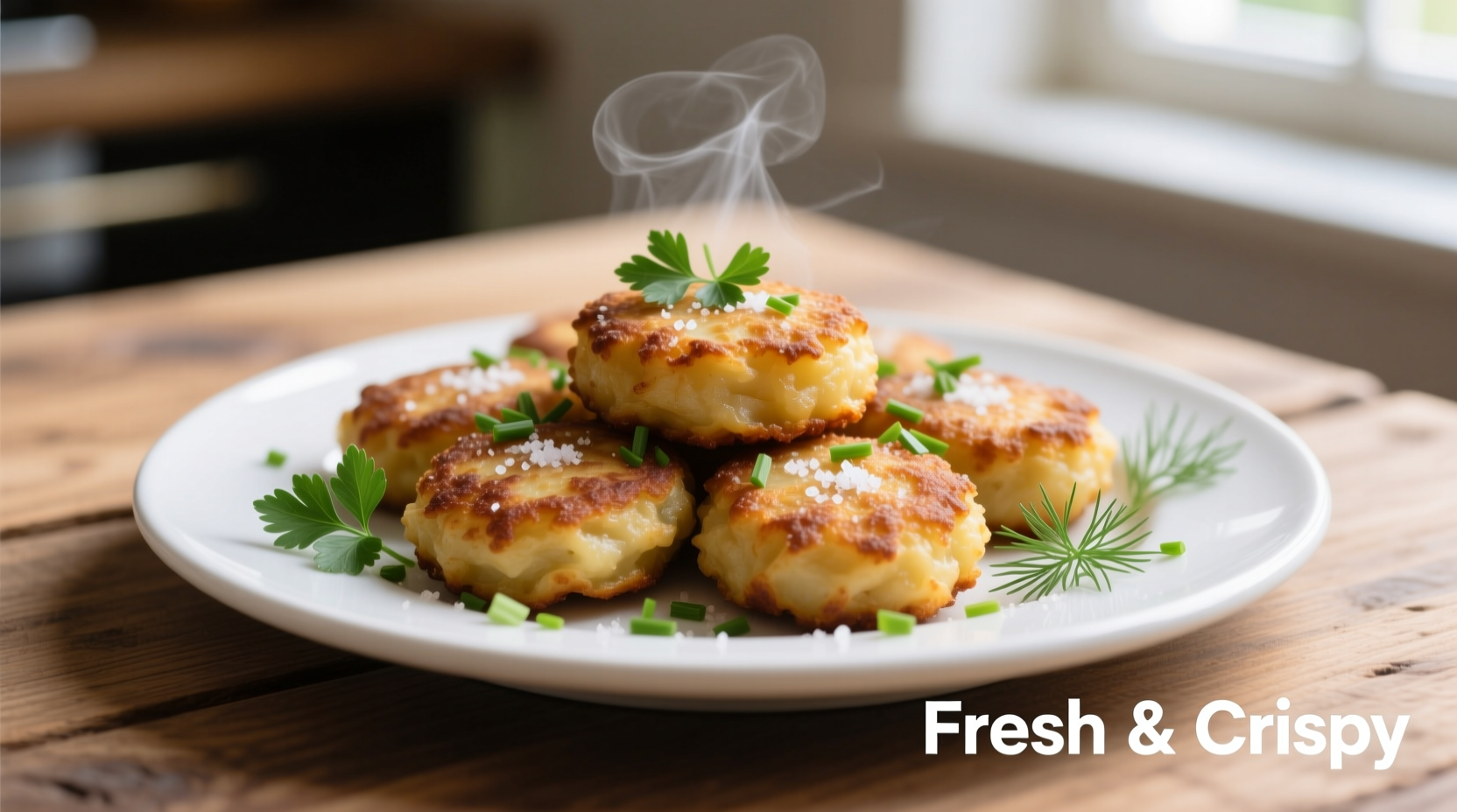 Golden brown potato patties on a white plate with fresh herbs