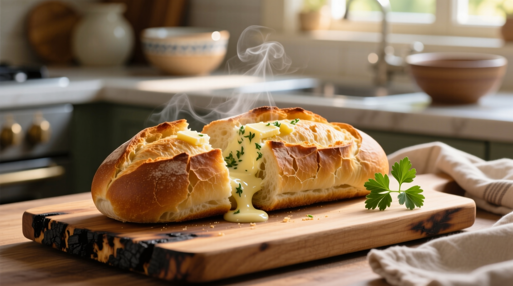 Golden brown garlic bread fresh from oven
