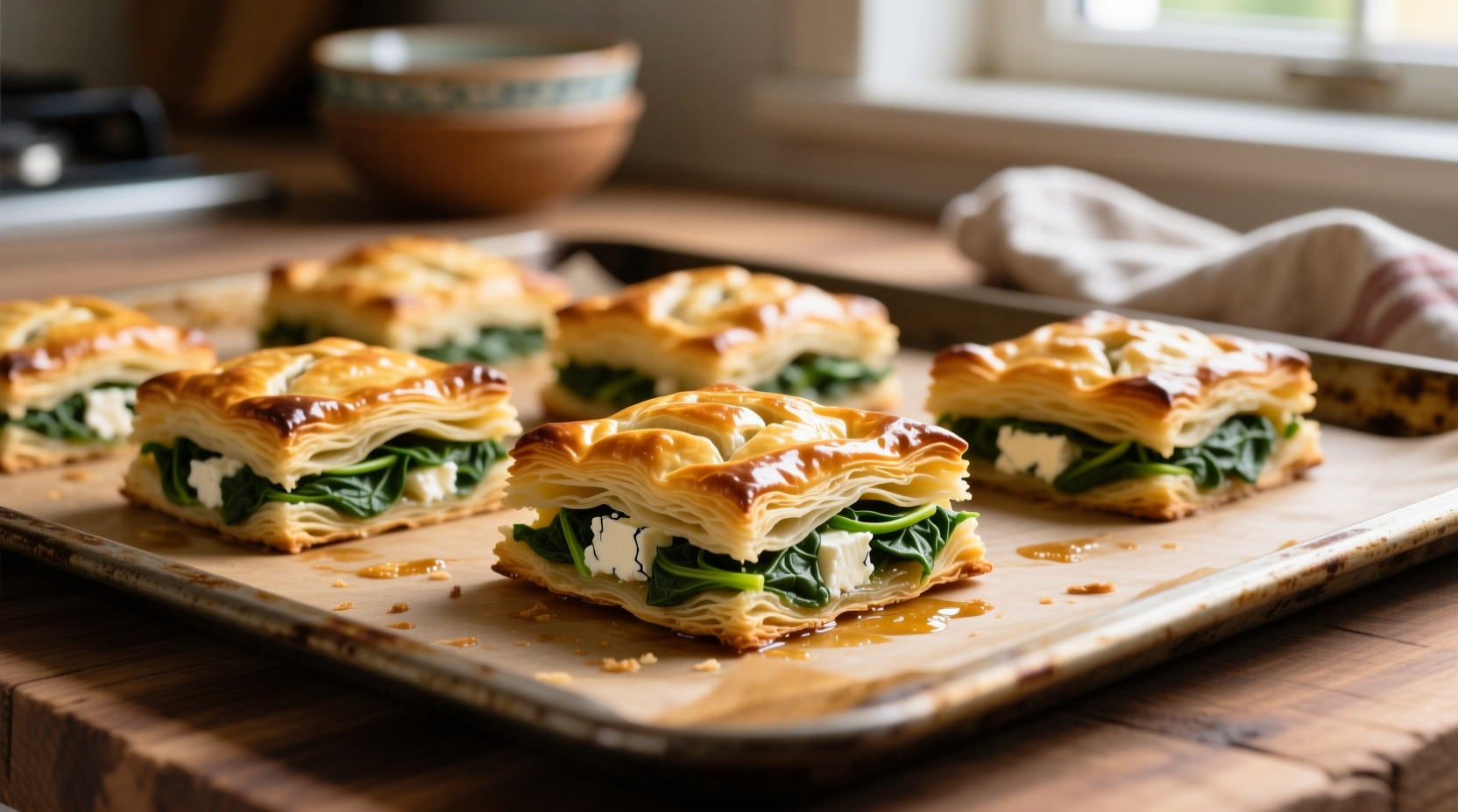 Golden spinach and feta puff pastry squares on baking sheet