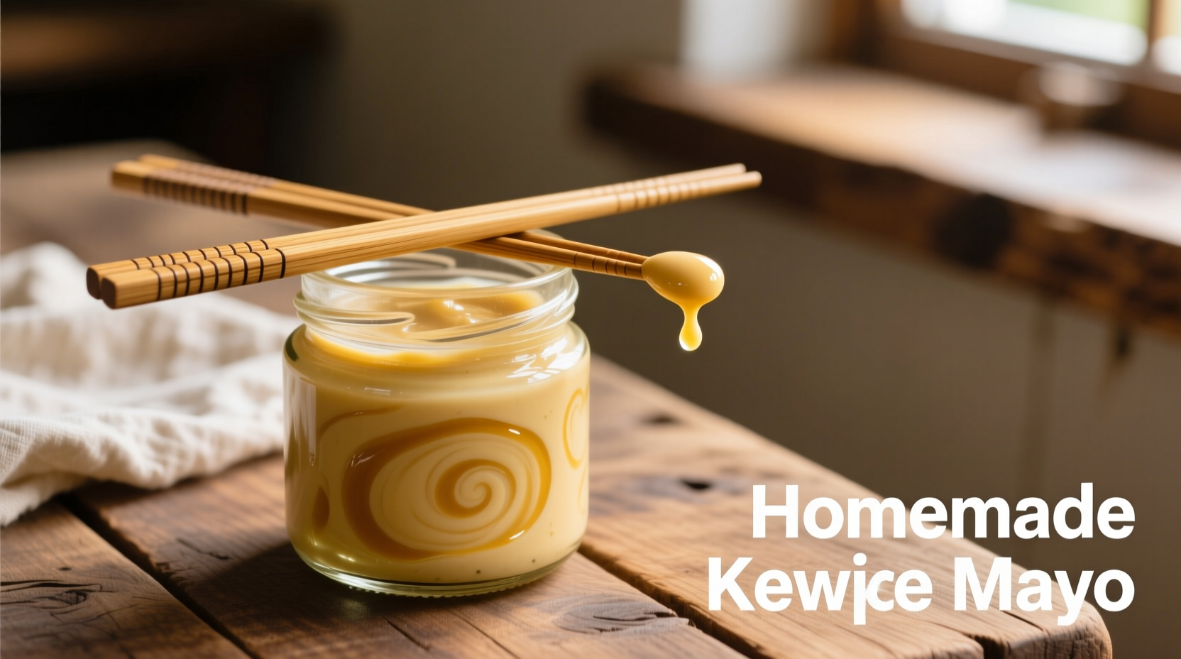 Homemade kewpie mayo in glass jar with chopsticks