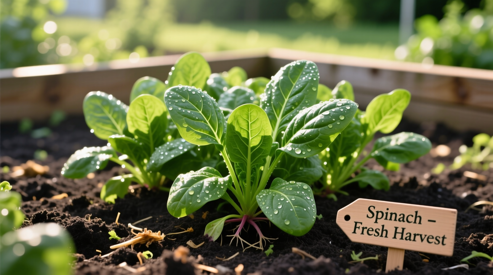 Fresh spinach plants growing in garden bed with healthy green leaves