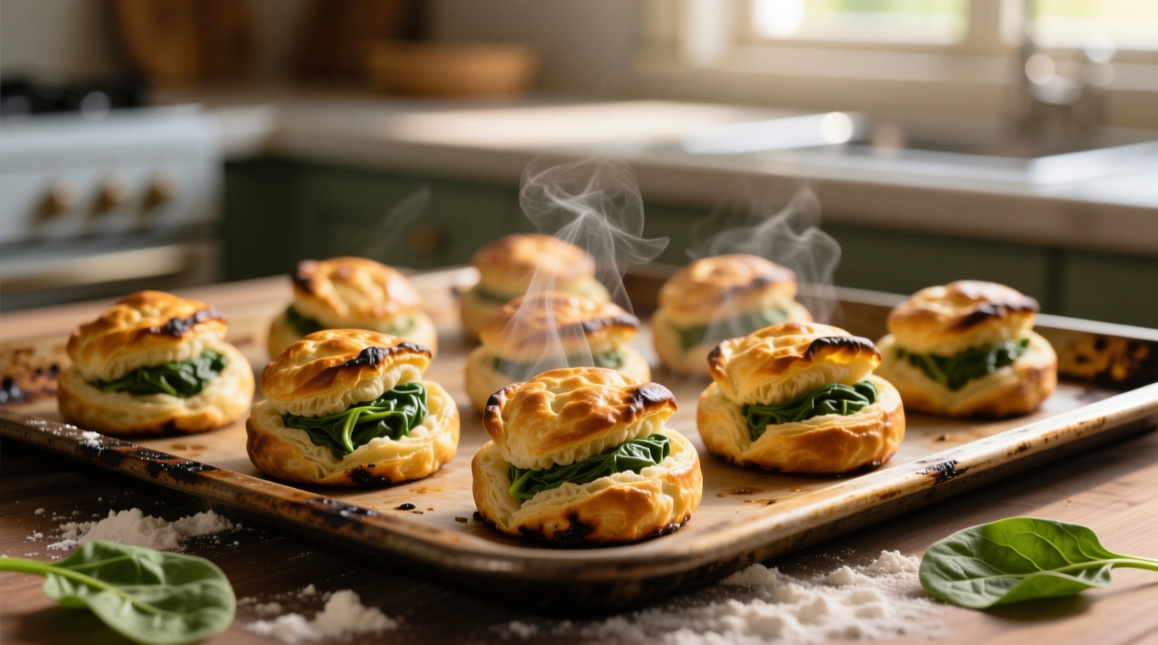 Golden brown spinach puffs on baking sheet