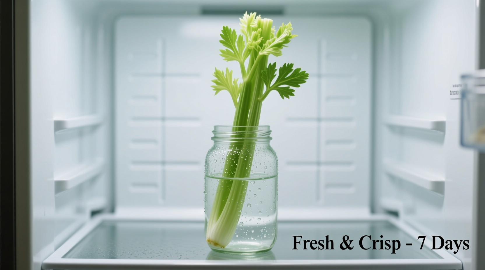 Celery stored upright in water-filled jar in refrigerator