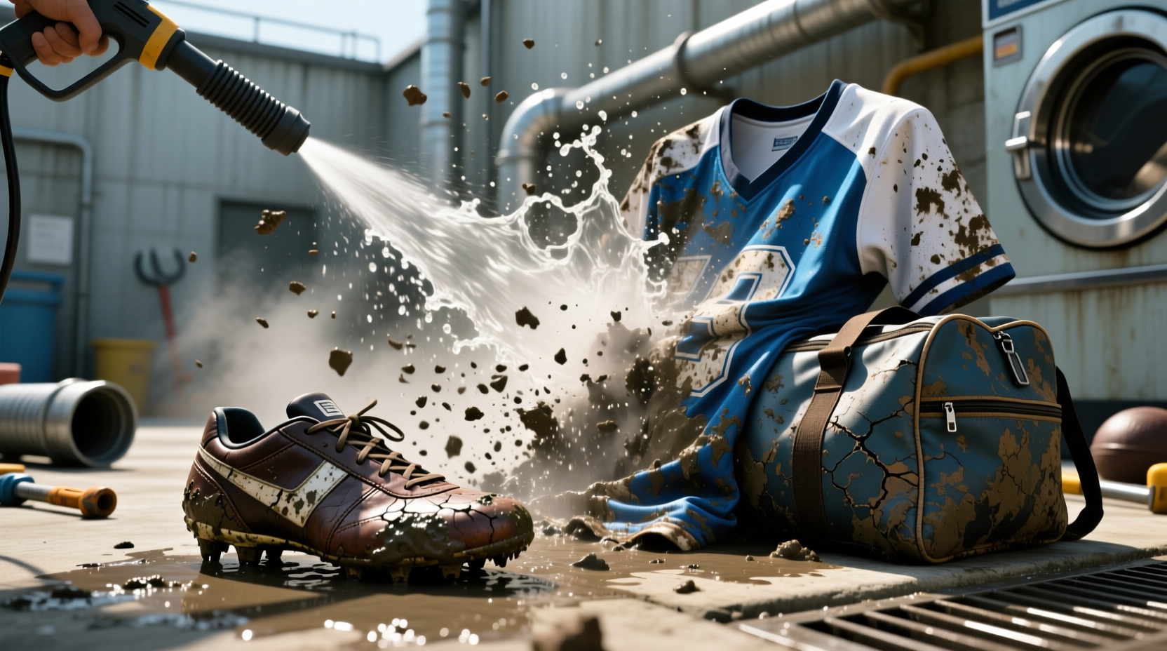 pressure wash dirty sports gear to make it look like ne