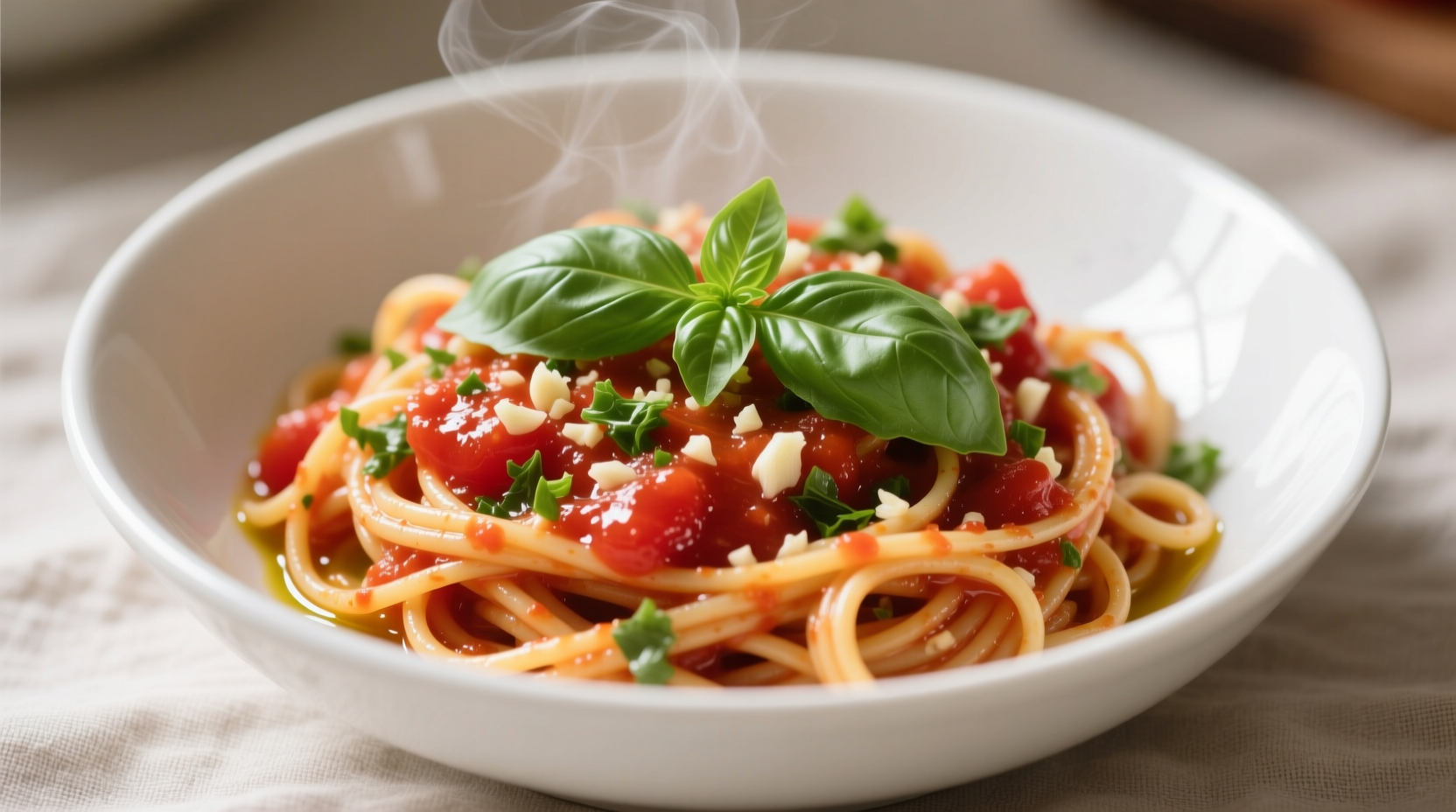 Fresh tomato garlic pasta in white bowl with basil garnish