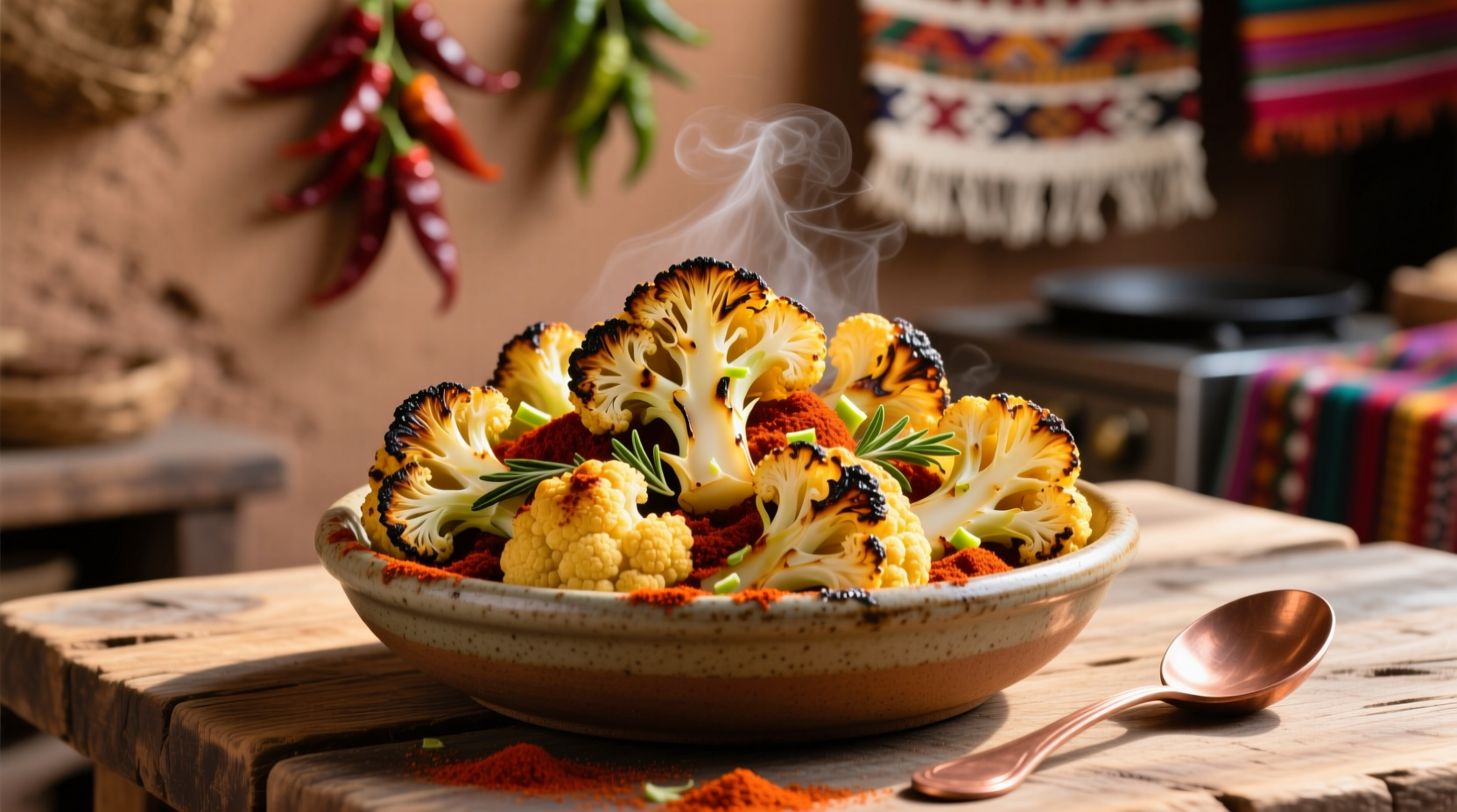 Golden roasted cauliflower florets seasoned with Mexican spices