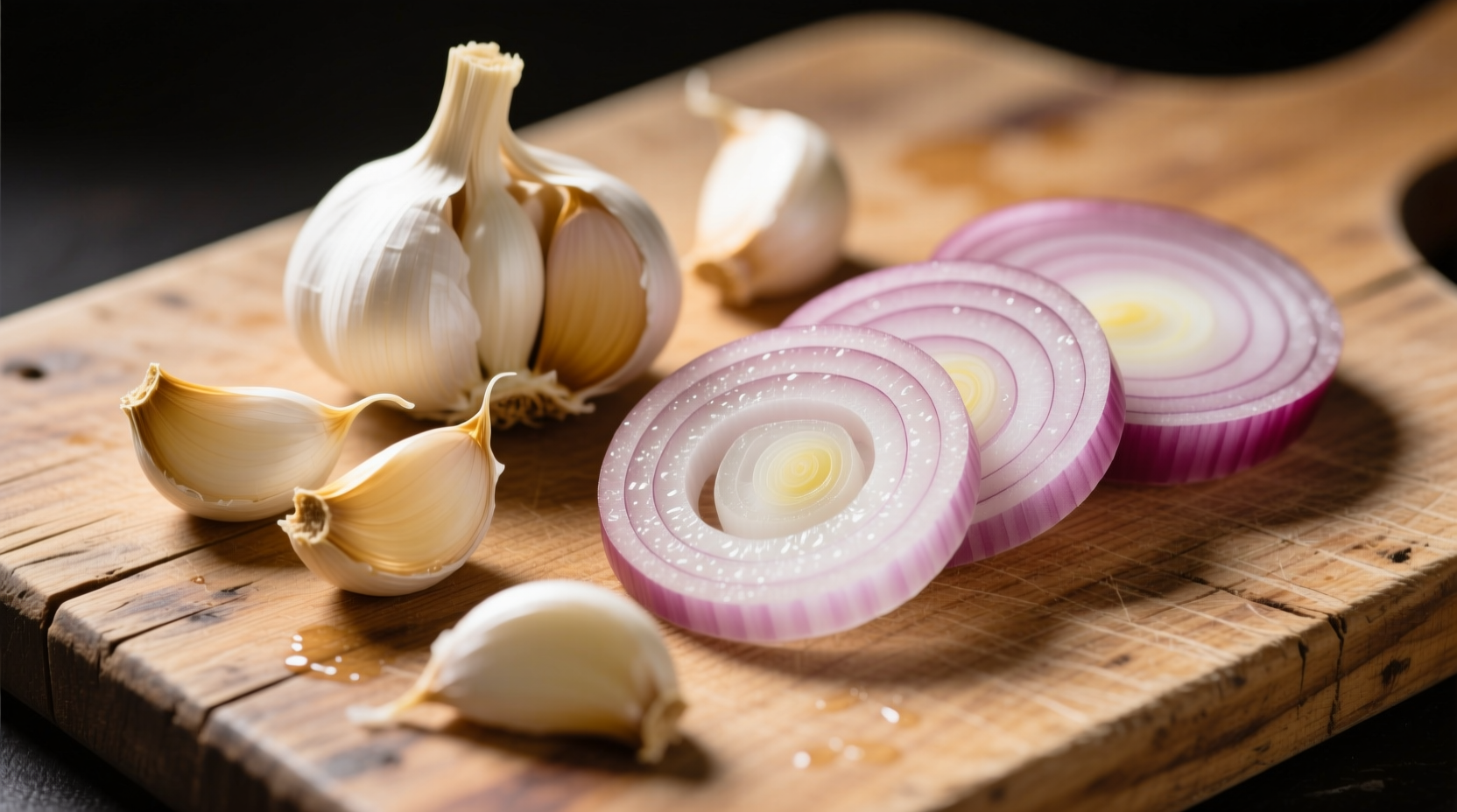 Garlic cloves and onion slices on wooden cutting board
