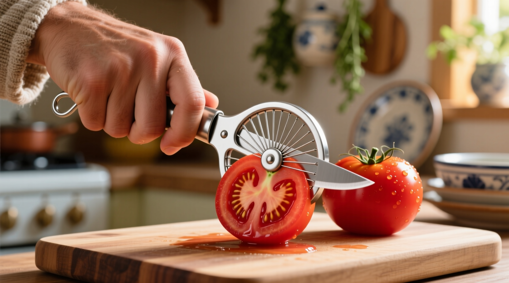 Hand using wire tomato slicer on ripe red tomatoes