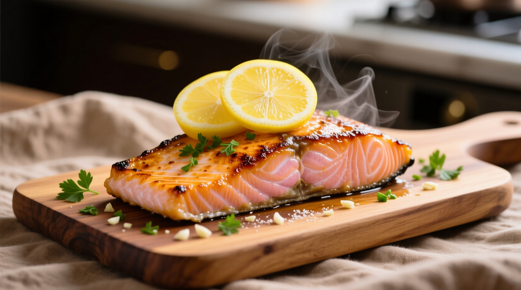 Perfectly seared garlic lemon salmon fillet with lemon slices