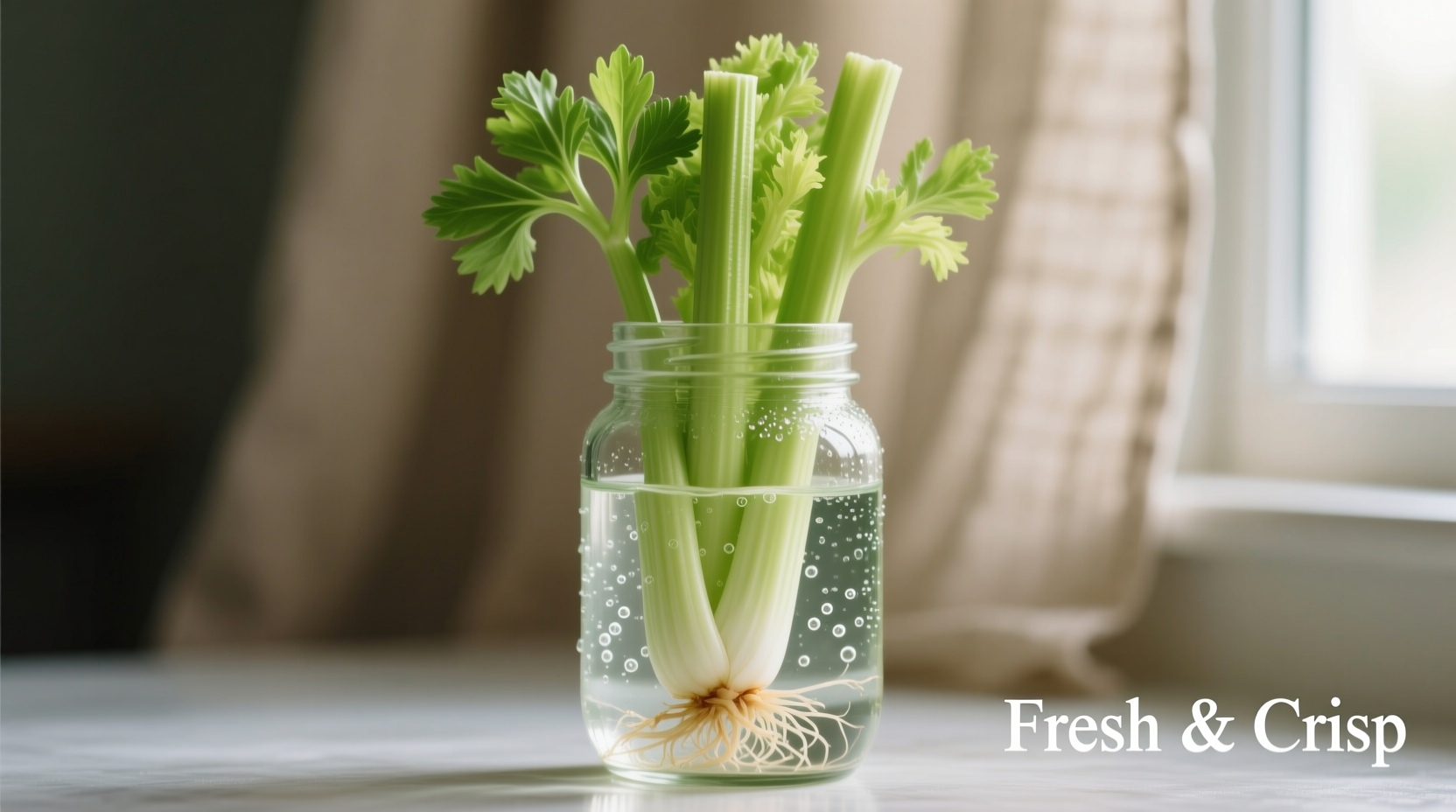Fresh celery stalks in glass jar of water