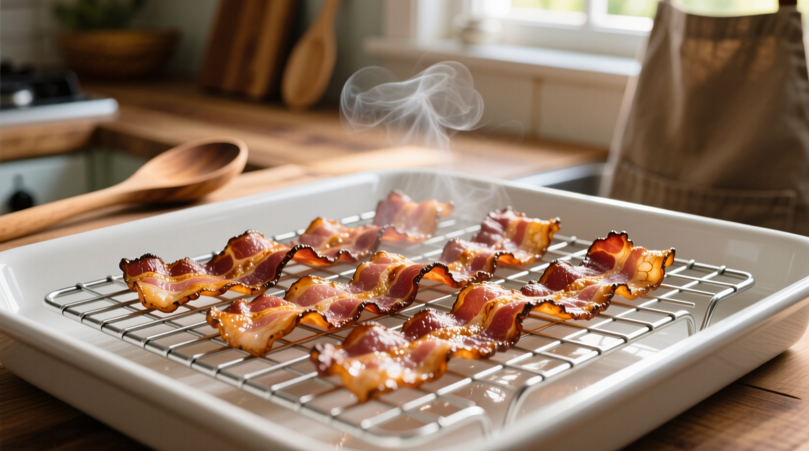 Crispy bacon strips arranged on wire rack over baking sheet