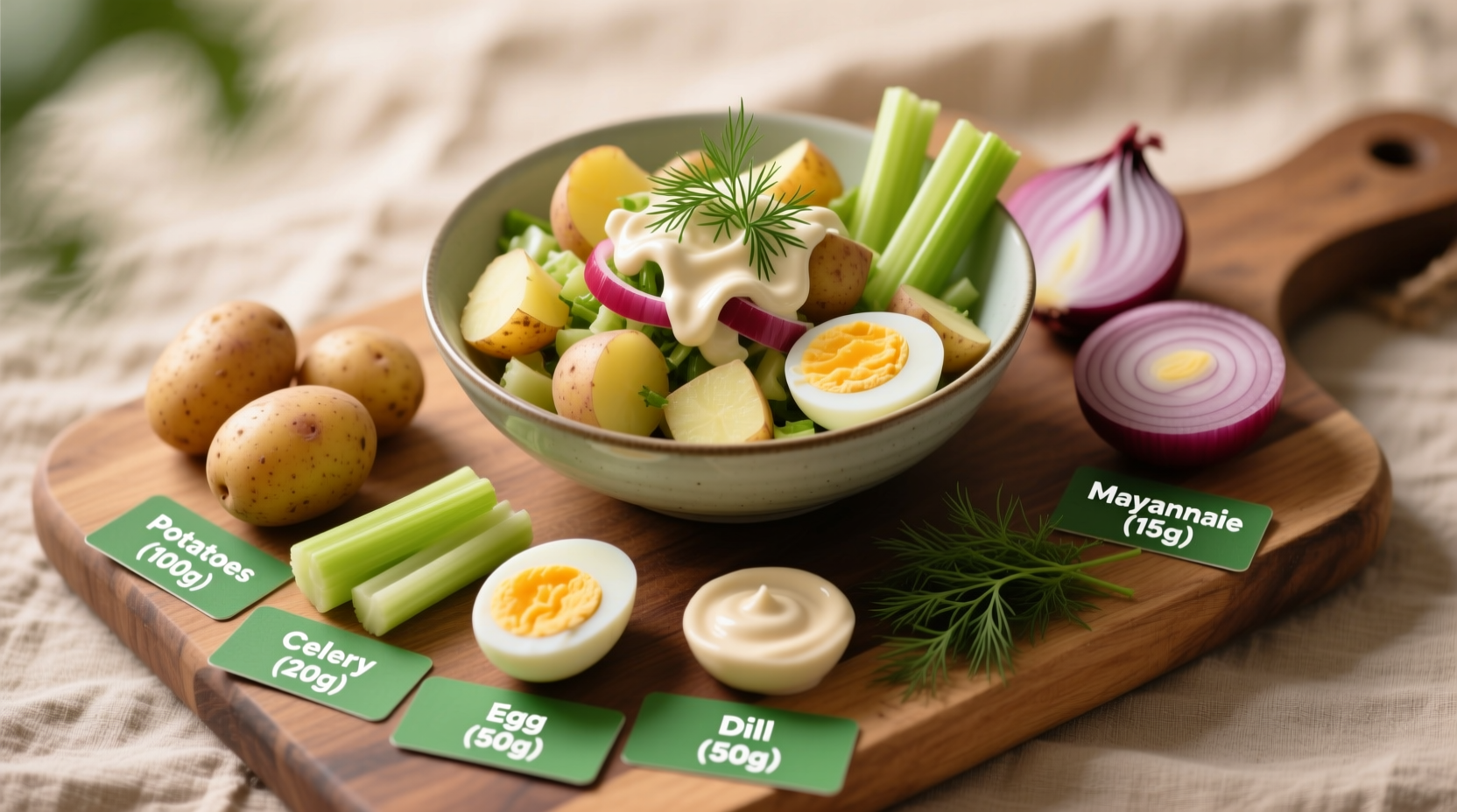 Potato salad ingredients with nutritional labels