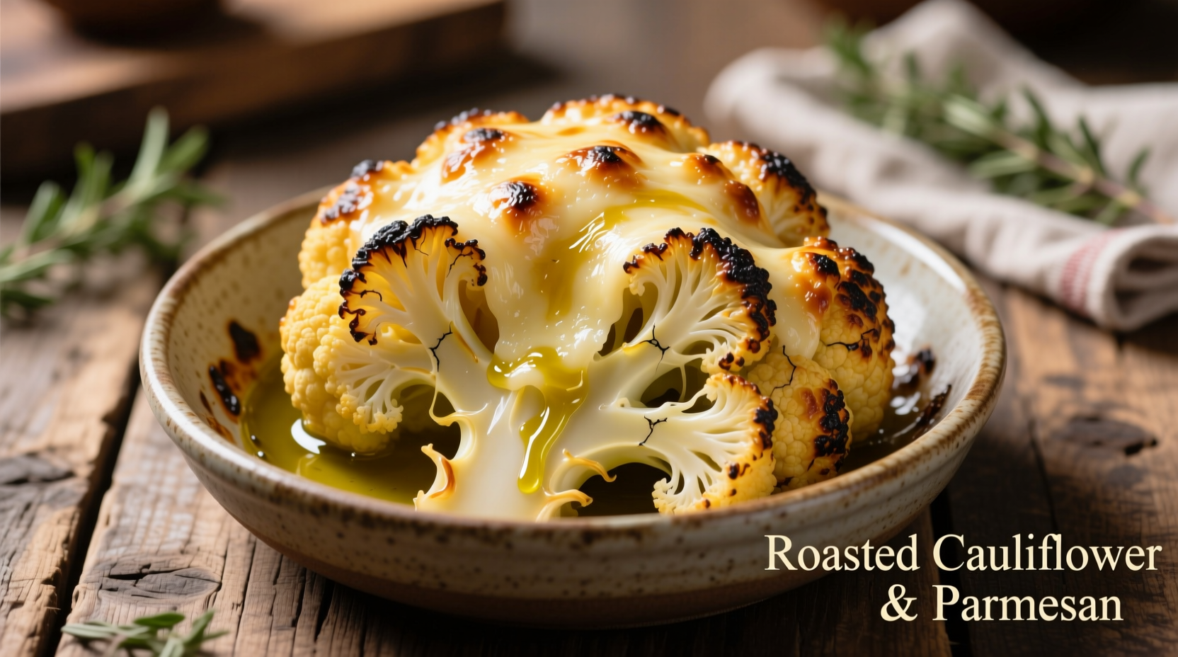 Golden roasted cauliflower with melted parmesan cheese