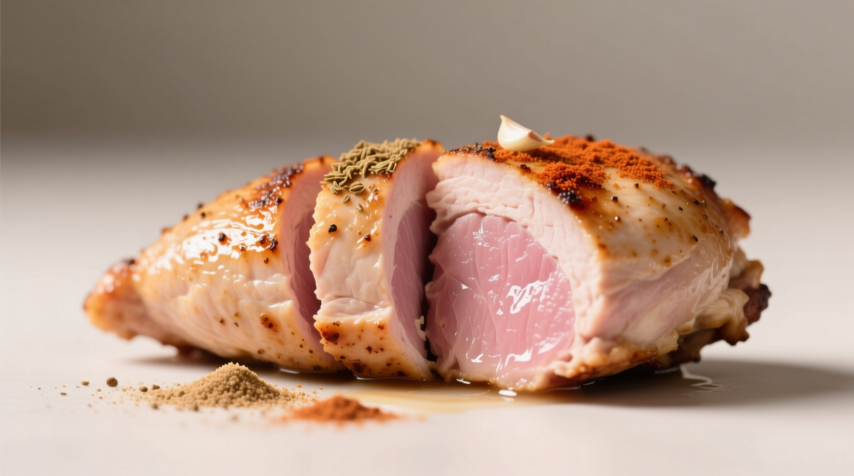 Cross-section diagram showing moisture retention in chicken breast cooked at 150°F vs 165°F with spice rub