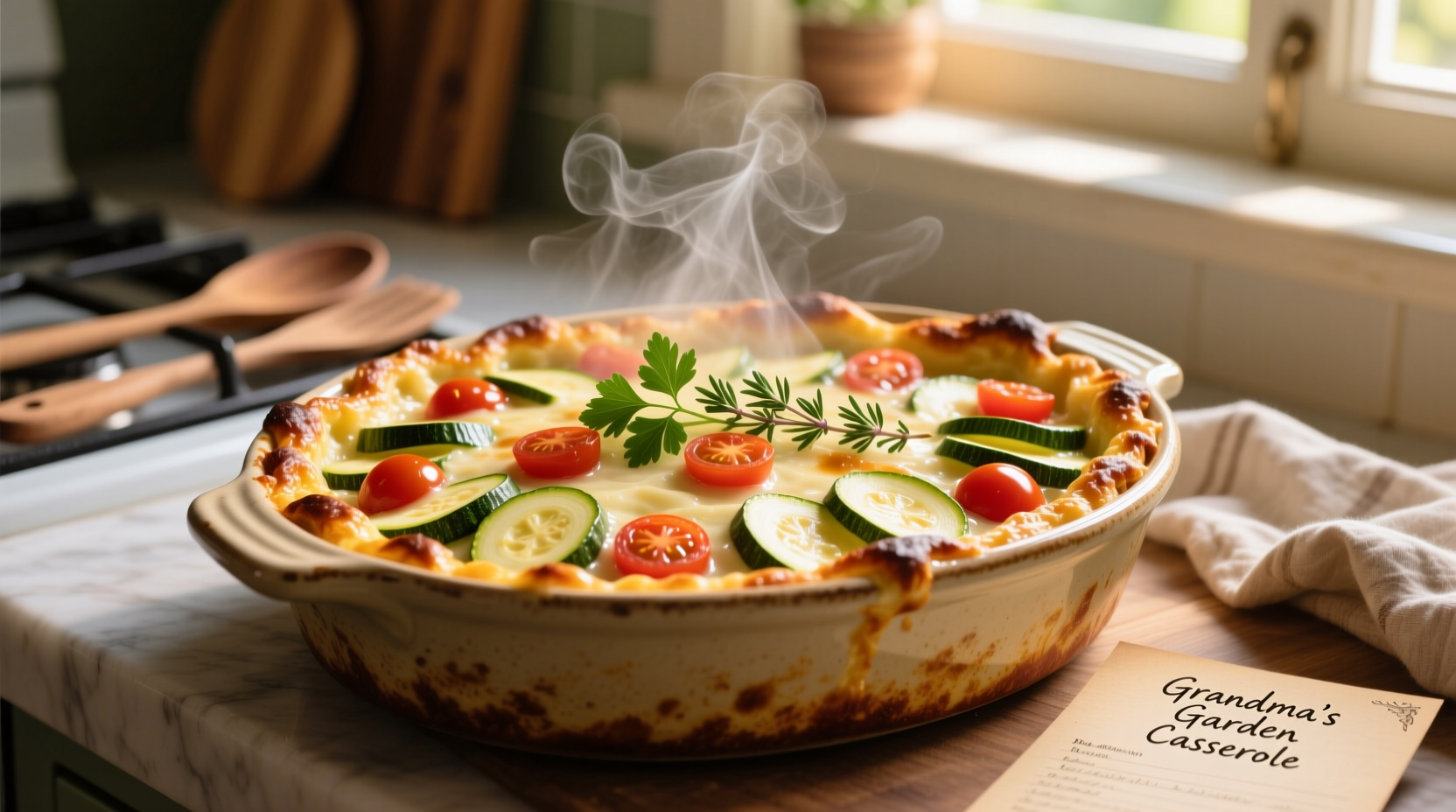 Golden zucchini and tomato casserole fresh from oven