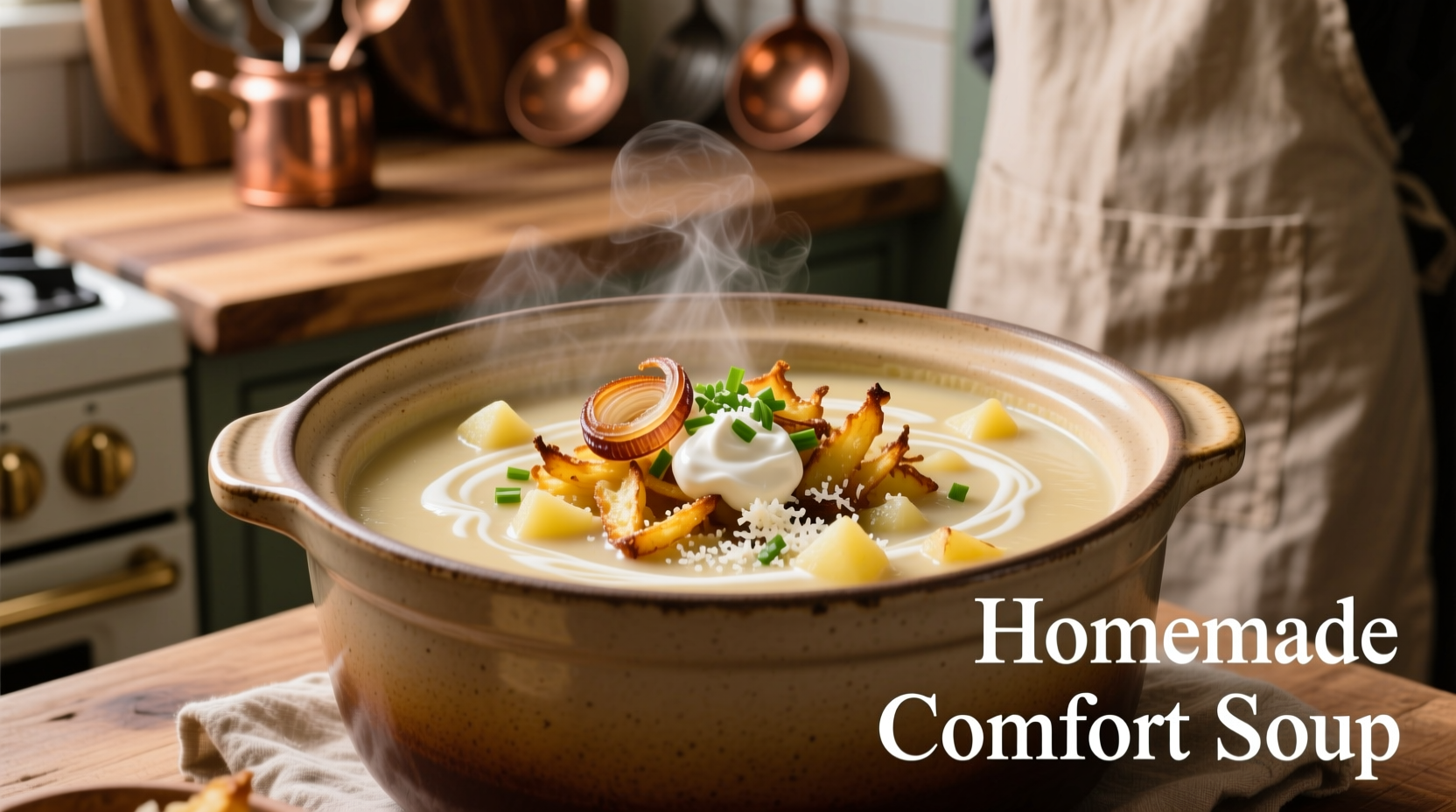 Creamy crock pot potato soup with hash browns and toppings