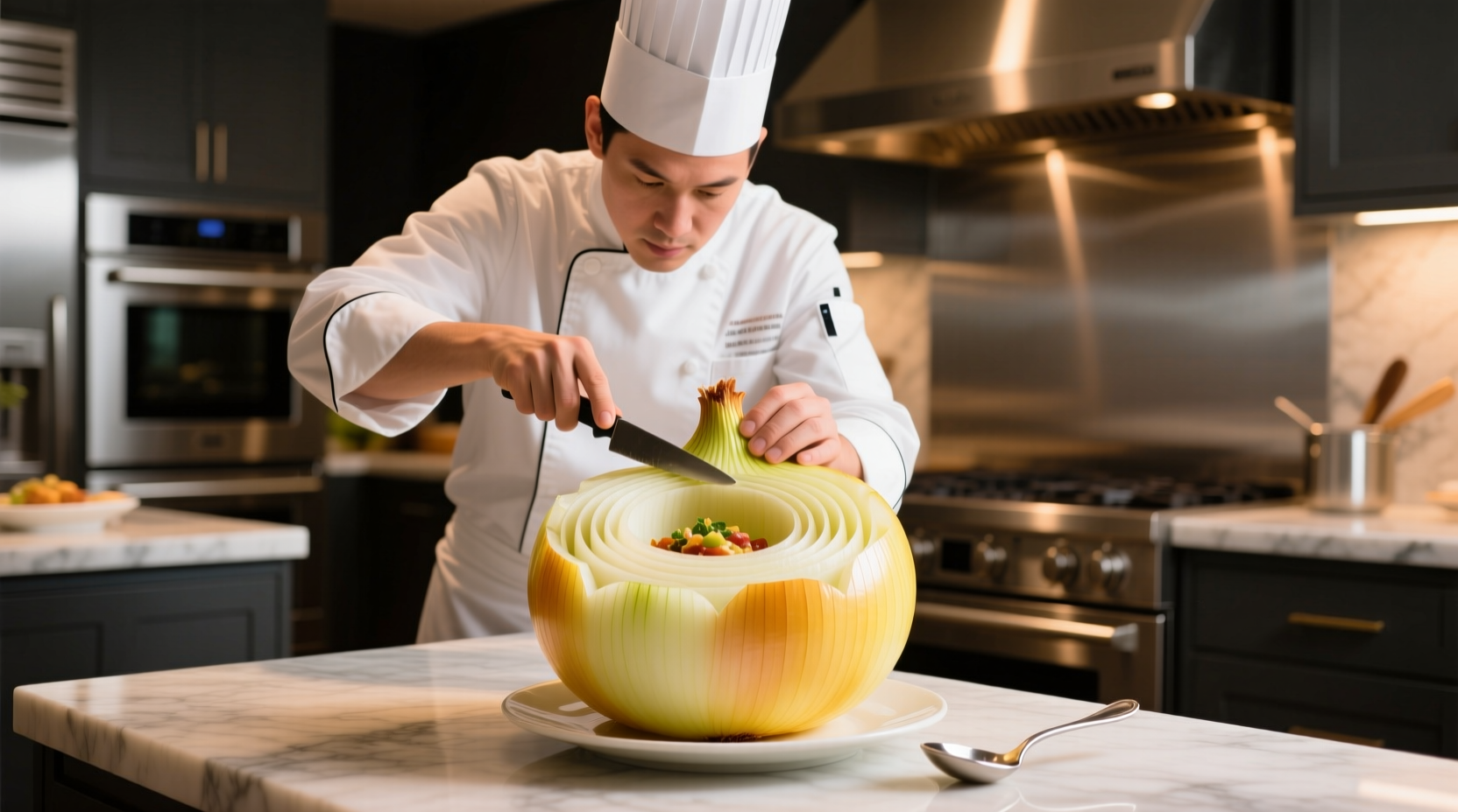 Professional chef carving onion bowl for party appetizer