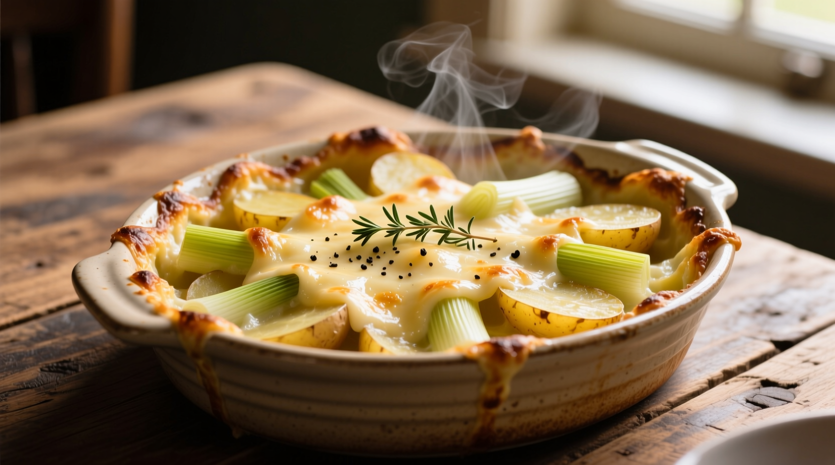 Golden potato and leek gratin bubbling in ceramic dish