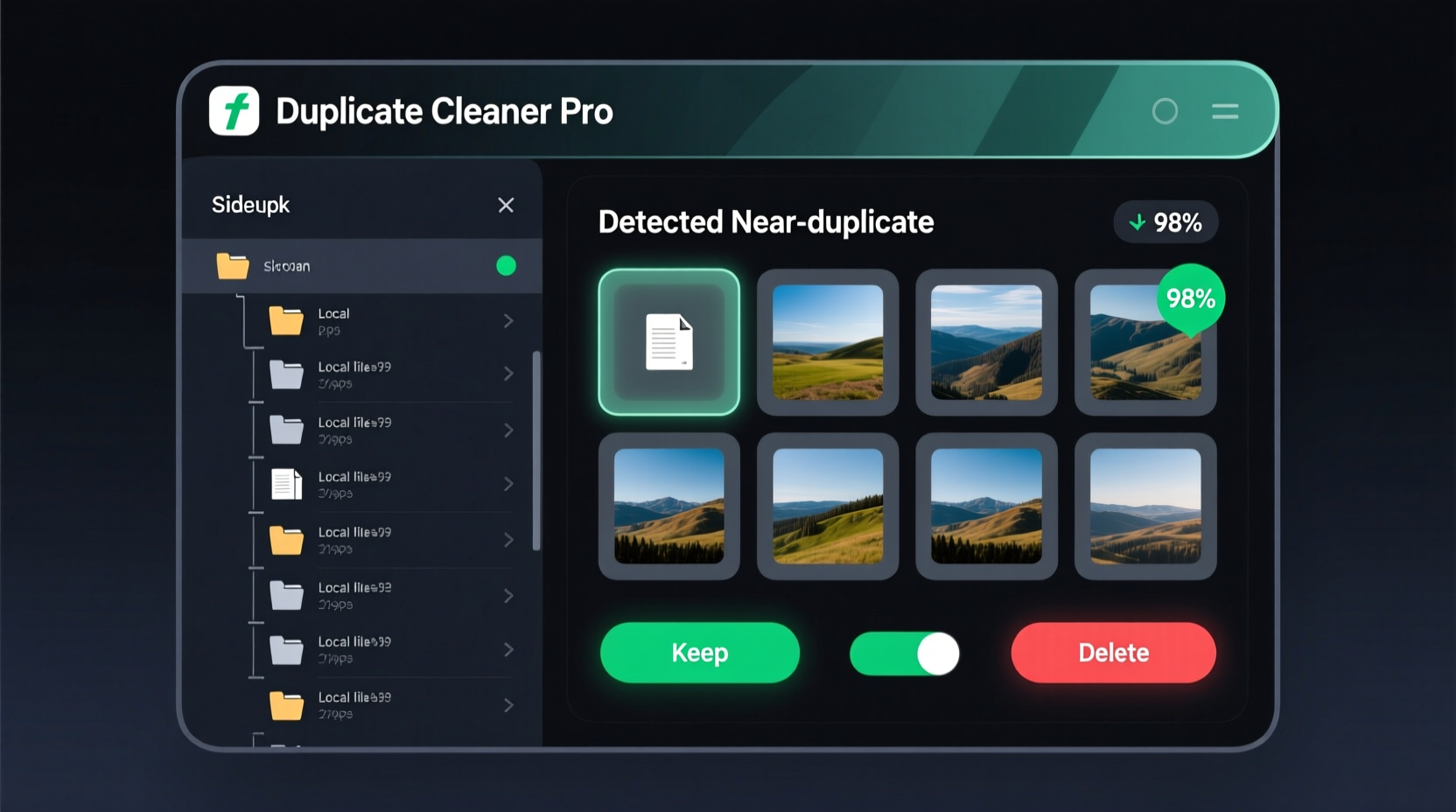 Side-by-side interface showing Duplicate Cleaner Pro's local AI scan dashboard: left panel displays folder tree with local paths only; right panel shows thumbnail grid of detected near-duplicates with confidence scores and 'Keep'/'Delete' toggles—all within a single offline application window