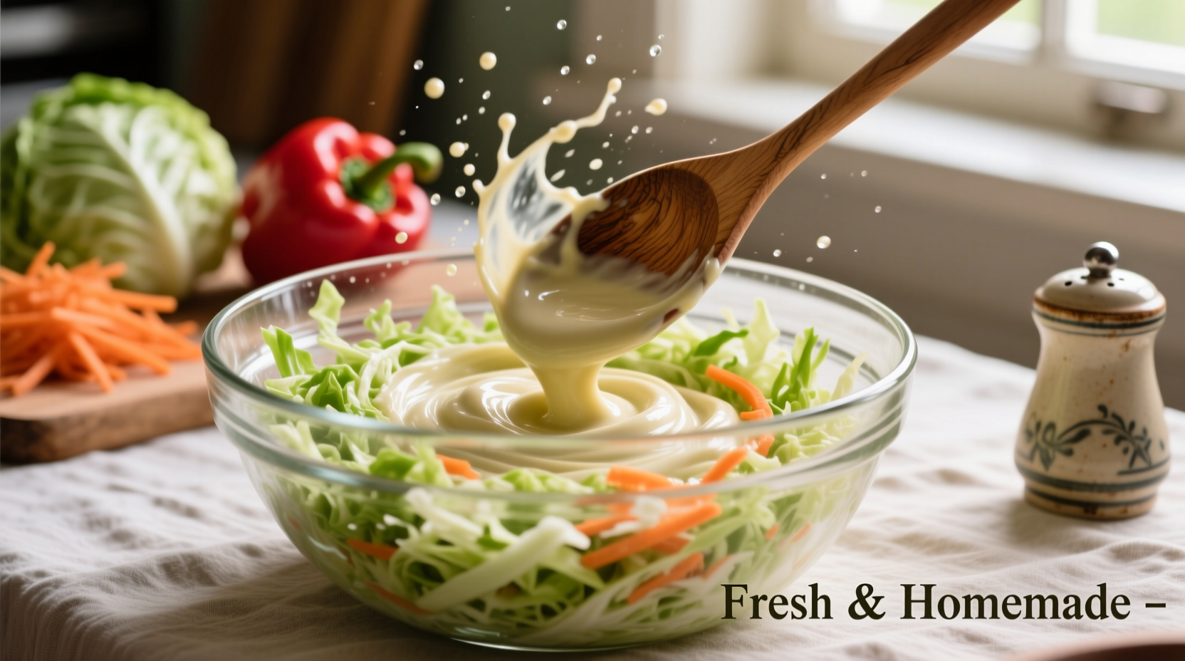 Whisking homemade slaw dressing in glass bowl