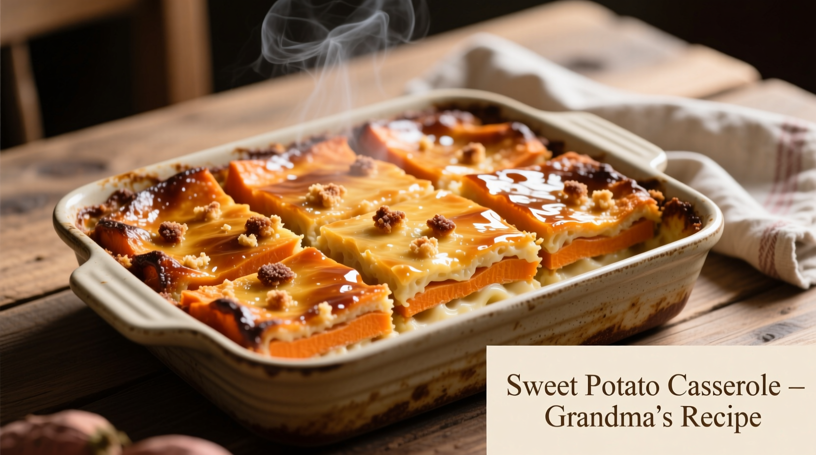 Sliced sweet potato casserole with golden brown topping