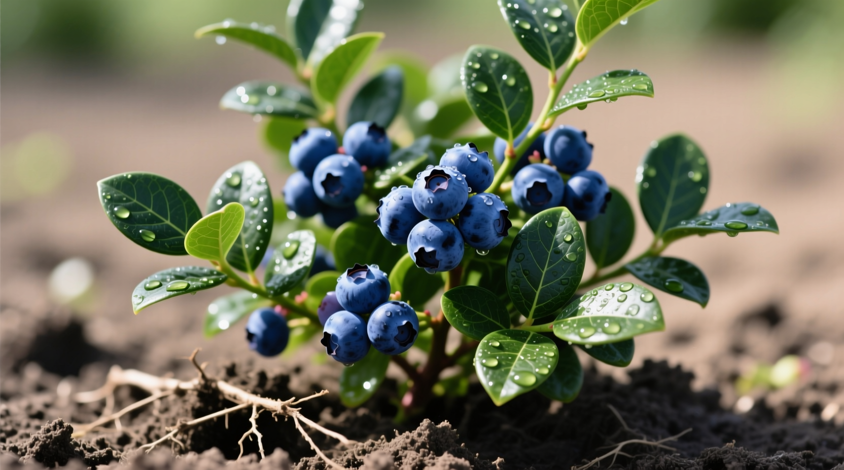 Healthy blueberry bush with dark green leaves and ripe berries in acidic soil garden
