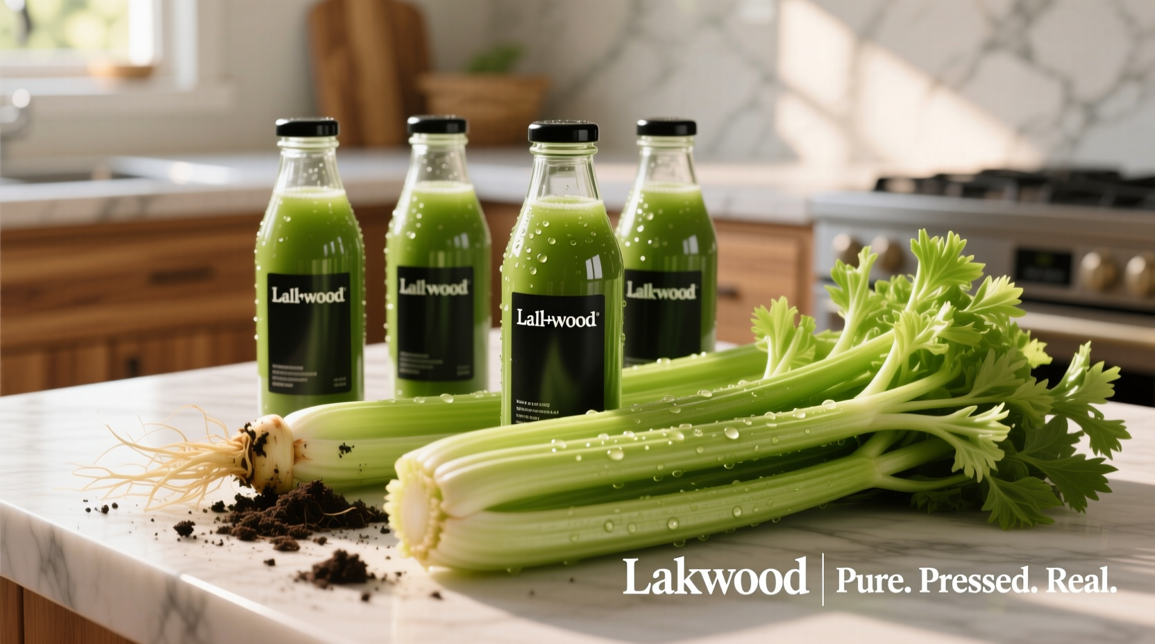 Bottles of Lakewood celery juice next to fresh celery stalks